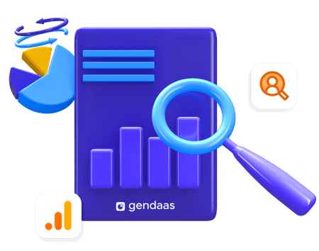 Ilustração 3D de análise dos dados integrados do Marketing Cloud e Google Analytics na plataforma Gendaas.