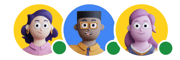 Ilustrações 3D dos mascotes da Gentrop em fotos de perfil com símbolo de online do Google Chat