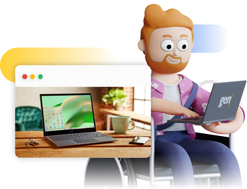 Gaspar, mascote da Gentrop, digitando em um notebook ao lado de uma janela de navegador flutuante com uma imagem de um Chromebook.