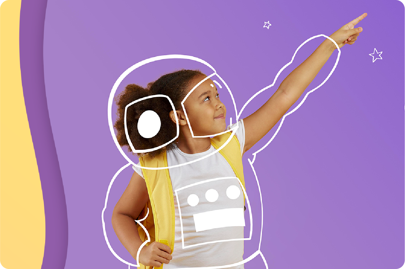 Criança apontando para o céu com uma ilustração de astronauta sobre ela.