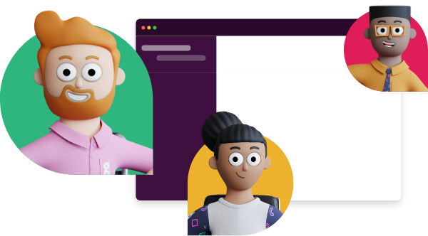 Mascotes da Gentrop Gwen, Gaspar e Gael, dentro de formas flutuantes sobre a interface simplificada do slack.